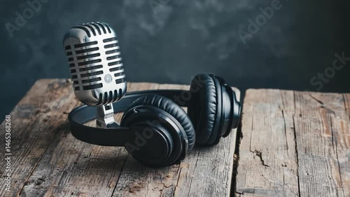 Vintage microphone and headphones on rustic wooden table