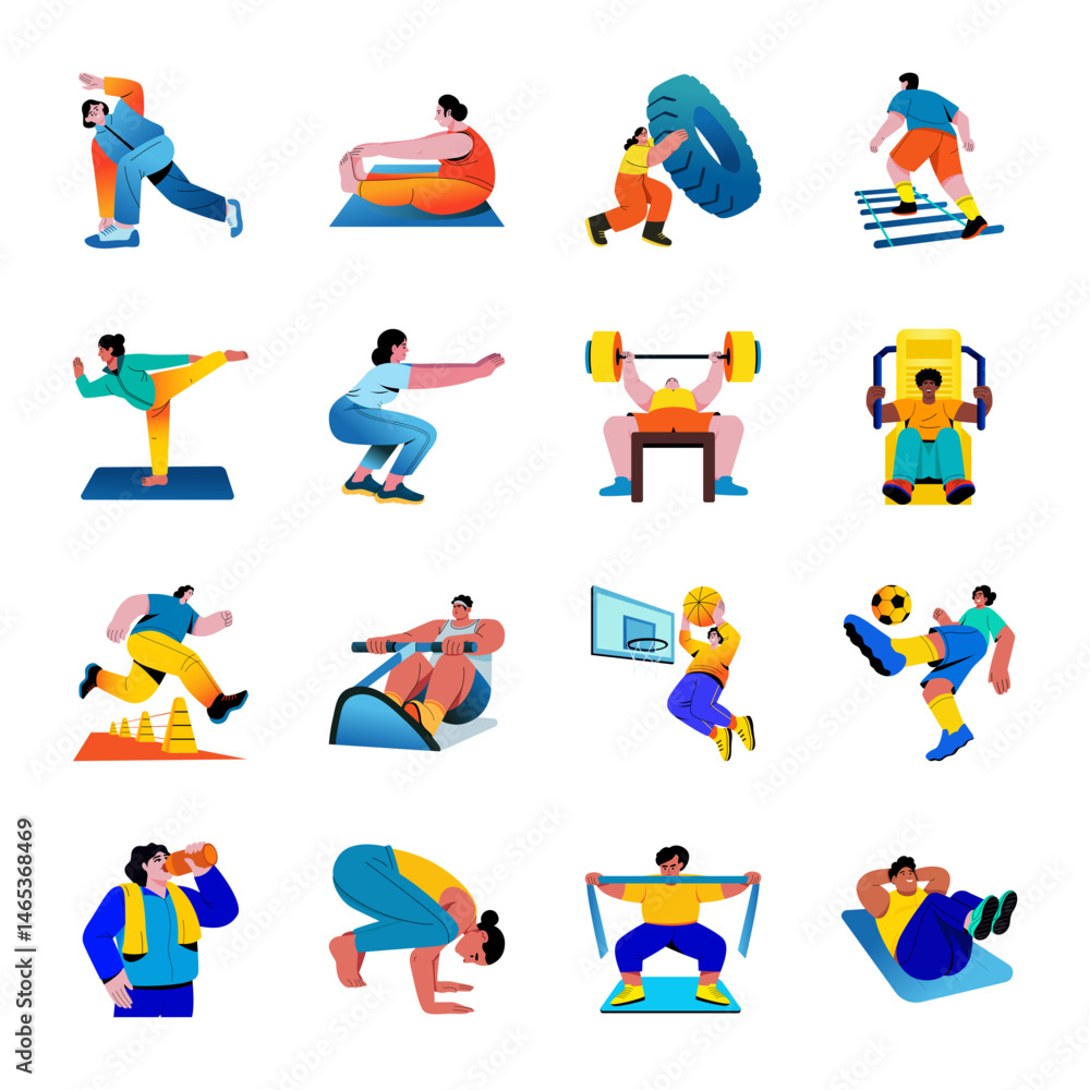 Fototapeta premium Pack of Fitness and Health Flat Style Illustrations