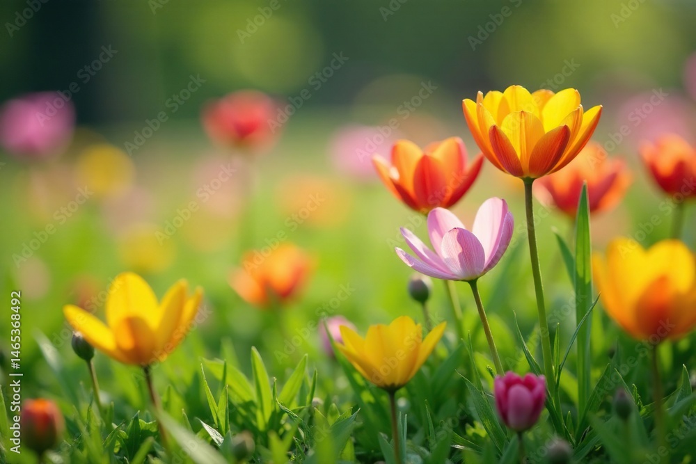 Close-up of vibrant wildflowers emerging from a lush spring meadow, vibrant colors, outdoor Close-up of vibrant wildflowers emerging from a lush spring meadow, vibrant colors, outdoor