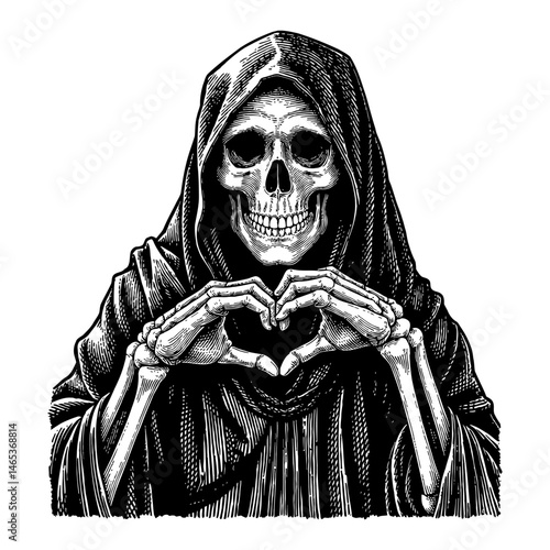 Skull in Dark Robe Doing Love Shaped Hand Gesture Black and White Outline Line Art Drawing