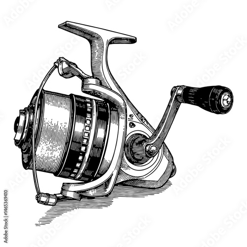 Fishing Reel Black and White Outline Line Art Drawing Vintage Style Engraving Vector Illustration