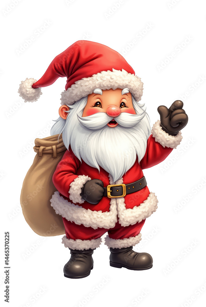 Smiling cartoon Santa Claus character waving with gift bag, colorful hand-drawn style on transparent background, symbolizing Christmas joy Smiling cartoon Santa Claus character waving with gift bag, colorful hand-drawn style on transparent background, symbolizing Christmas joy