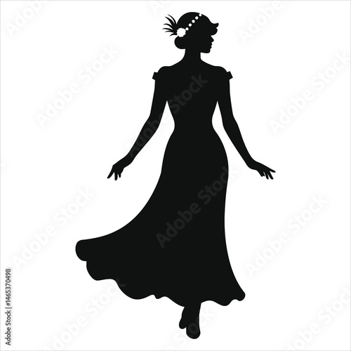 Elegant Vector Silhouette of a Woman in a Flapper Dress/A striking black silhouette of a woman wearing a stylish flapper dress and a decorative headpiece.