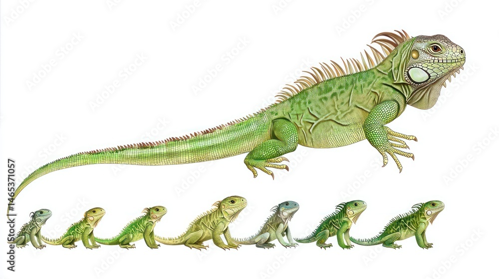 Illustration of the iguana life cycle from hatchling to adult Illustration of the iguana life cycle from hatchling to adult