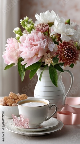Obraz na płótnie Peonies in pink and red accompany a cappuccino with heart art, creating a romantic atmosphere ideal for Valentines Day w salonie