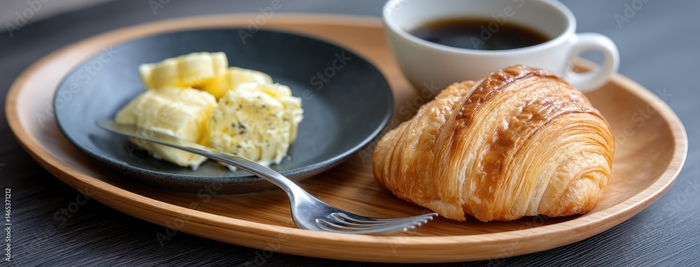 Enjoy a relaxing morning with a fresh croissant, creamy butter, and steaming coffee served on a wooden tray over a knitted blanket