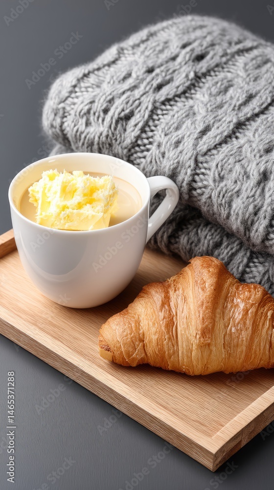 Softly lit close-up of a croissant with butter and coffee on a wooden tray, creating a warm morning atmosphere