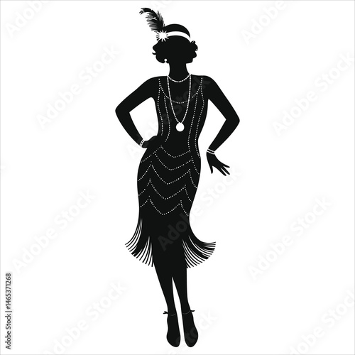 Elegant 1920s Flapper Vector Silhouette in a Stylish Dress/A striking black and white silhouette of a 1920s flapper woman, showcasing a glamorous dress adorned with decorative elements and jewelry.