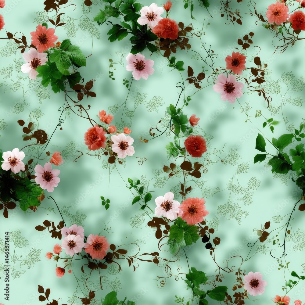 Delicate floral motifs in pastel green and pink create a vintage Rococo wallpaper pattern with ornate swirls on a mint backdrop SEAMLESS PATTERN