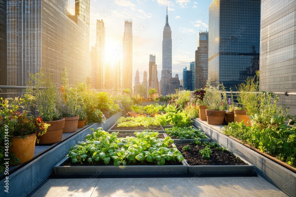 Fototapeta premium Urban rooftop garden with city view at sunset.