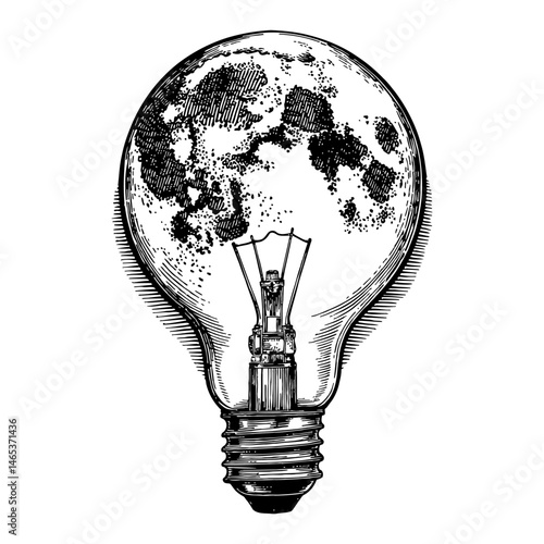 Detailed Moon Inside a Light Bulb Lunar Surface Black and White Outline Line Art Drawing