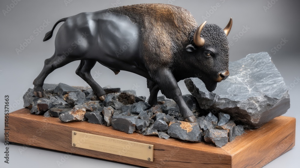 A unique wooden bison sculpture with unpolished texture rests on light wood, contrasting against a soft grey background