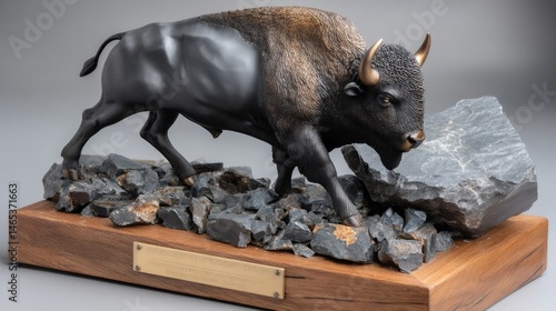 Obraz na płótnie A unique wooden bison sculpture with unpolished texture rests on light wood, contrasting against a soft grey background w salonie