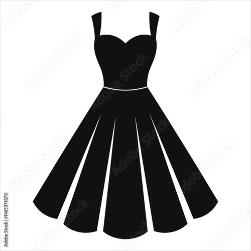 Elegant Black Vector Silhouette of a Retro-Style Dress(1950s swing dress)/A simple, black silhouette of a vintage-inspired, A-line dress.