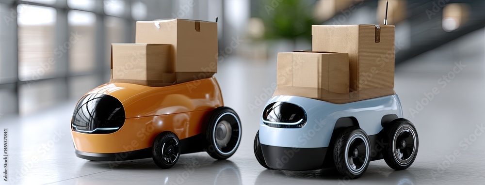 Robotic delivery vehicles navigate an empty white room, efficiently carrying cardboard boxes within a modern, sleek design.