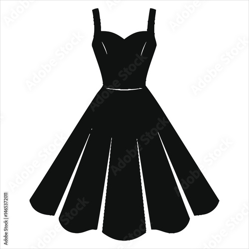 Stylish black vintage dress (1950s swing dress) vector silhouette graphic./A simple, elegant silhouette of a classic vintage-style black dress.