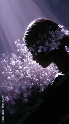 Serene profile of a woman adorned with efflorescence solidifying against a softly lit atmosphere