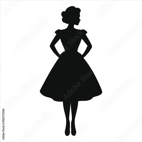Elegant Vector Silhouette of a Woman in a Vintage Dress(1950s swing dress)/A stylish black silhouette of a woman wearing a classic 1940s-style dress.