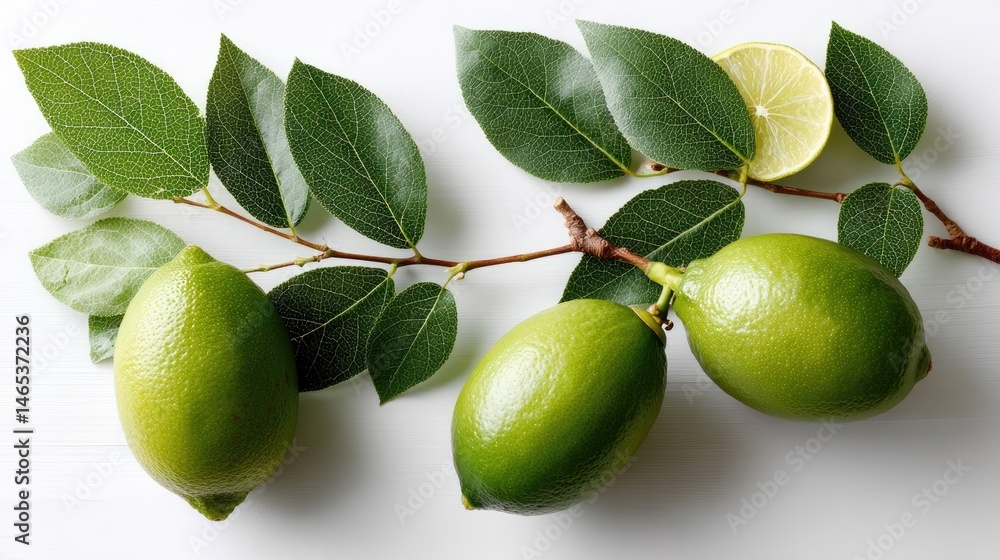Two vibrant green limes with leaves showcase their fresh quality, emphasizing natural colors and textures on a simple background.