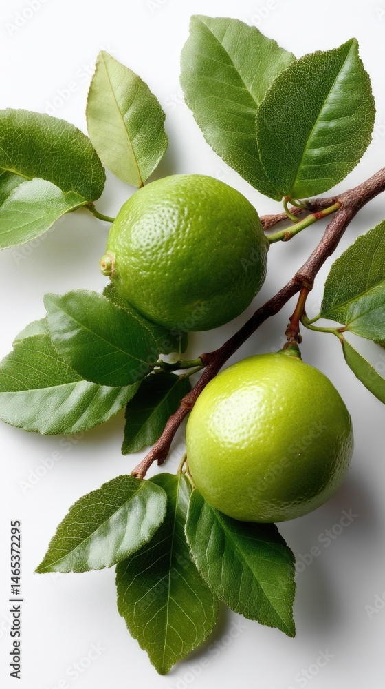 Two vibrant green limes with leaves showcase their fresh quality, emphasizing natural colors and textures on a simple background.