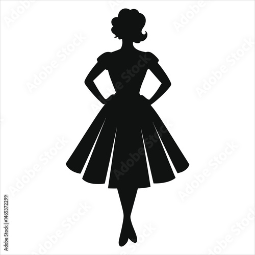 Elegant Vector Silhouette of a Woman in Retro Dress(1950s swing dress)/A simple, elegant silhouette of a woman wearing a 1940s-style dress.
