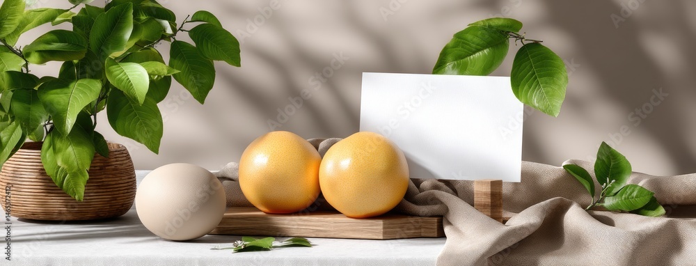 Two vivid oranges rest beside a customizable card on a soft, textured surface, illuminated by natural light with shadows from greenery