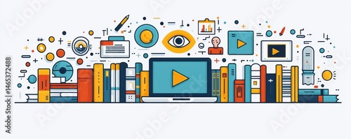 Creative illustration of books and educational technology with colorful graphics