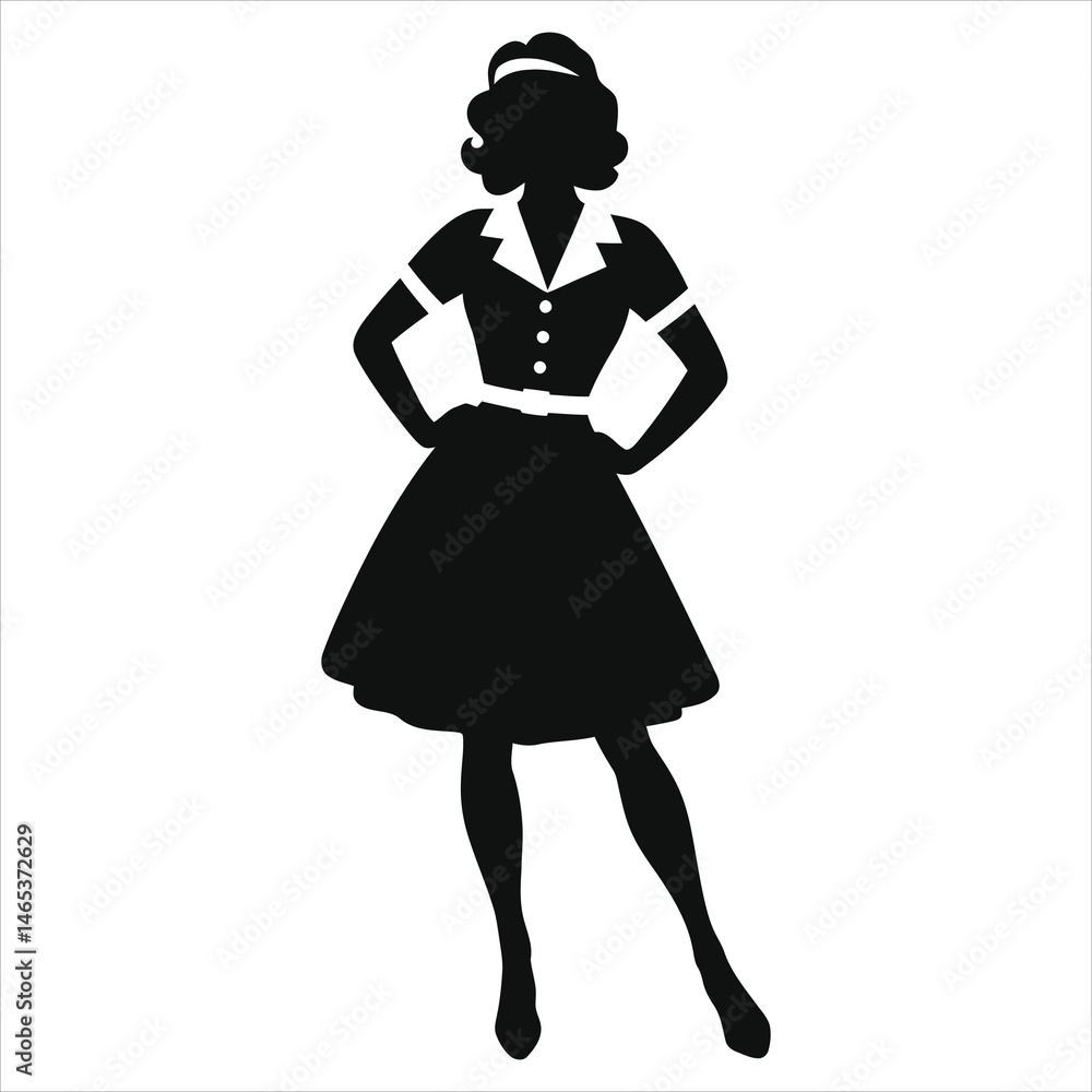 classic dress silhouettes Photography Poster Stylish Retro Woman in 1950s Dress( 1960s mod dress) Vector Silhouette/A bold silhouette of a woman wearing a 1950s style Office