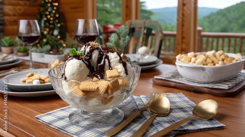 Indulge in a smores ice cream sundae drizzled with chocolate sauce and garnished with graham cracker cookies in a warm cabin setting.