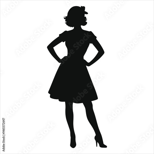 Stylish Vintage Woman Vector Silhouette in a Classic Dress(1960s mod dress)/A bold, confident silhouette of a woman in 1940s-style attire.