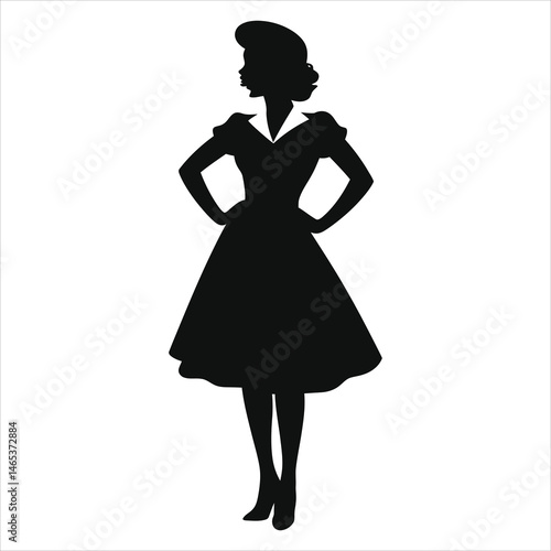 Vintage-inspired vector silhouette of a woman in a 1940s dress.(1960s mod dress)/A striking black and white silhouette of a woman in a classic 1940s-style dress.