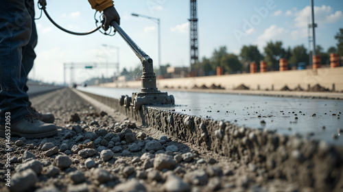 An intense close-up of a concrete finisher leveling freshly poured concrete on a highway construction project, Highway construction concrete finishing scene, Methodical and precise style