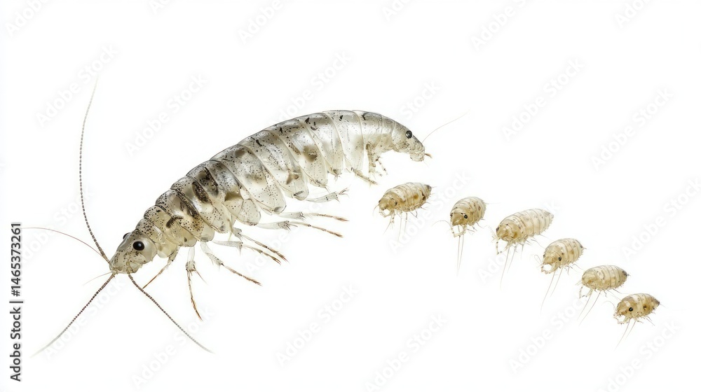 Illustration showing the life cycle of a silverfish from egg to adult Illustration showing the life cycle of a silverfish from egg to adult