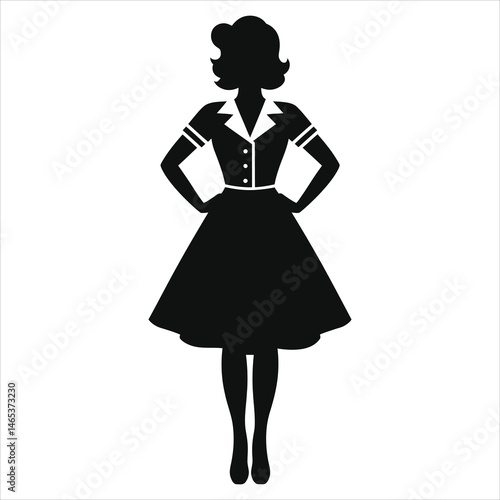 Elegant Silhouette of a Woman in 1950s Style Dress(1960s mod dress)/A sophisticated, black and white silhouette of a woman wearing a classic 1950s-style dress.