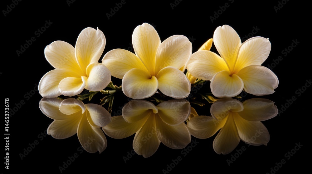 Naklejka premium Three delicate plumeria blossoms mirrored on a dark surface.