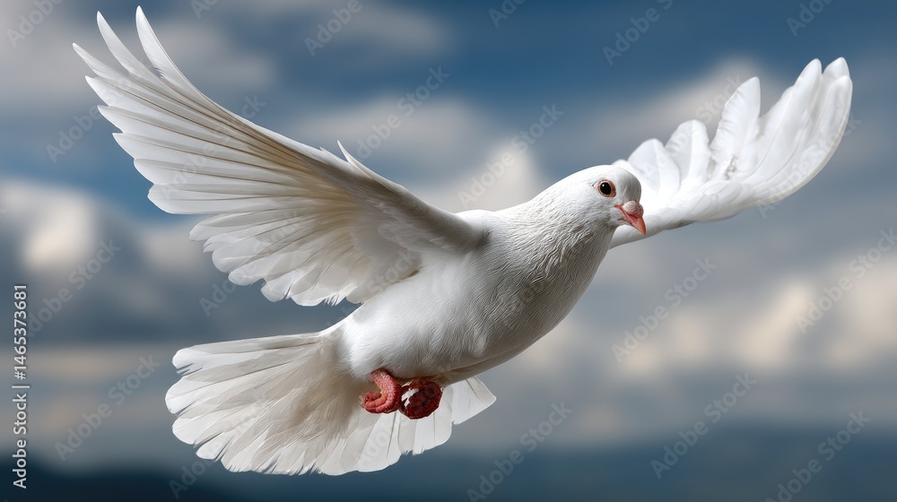 A white dove soars through the dreamy pastel blue sky, embodying peace and tranquility against soft white clouds