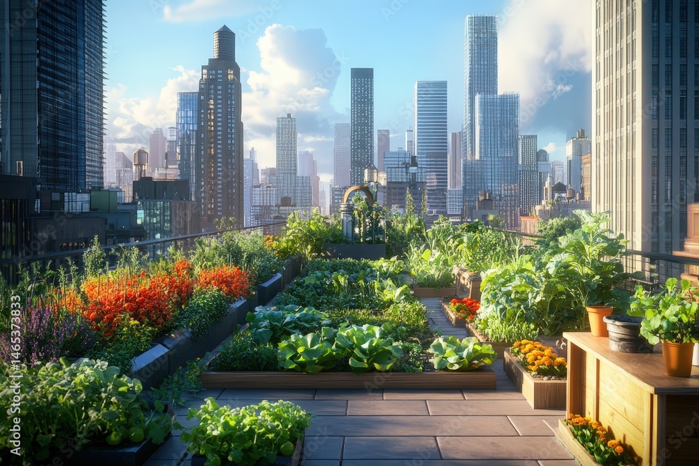 Urban rooftop garden panorama view of a city. Urban rooftop garden panorama view of a city.