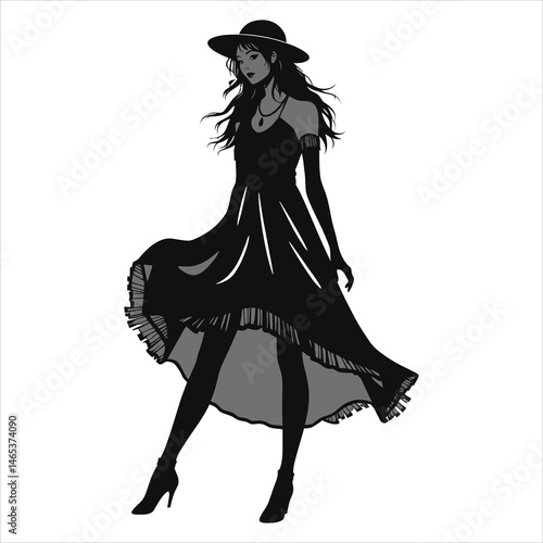 Stylish Black Dress Vector Silhouette of a Woman with a Hat(1970s boho dress)/A captivating silhouette of a woman wearing a chic black dress and a wide-brimmed hat.