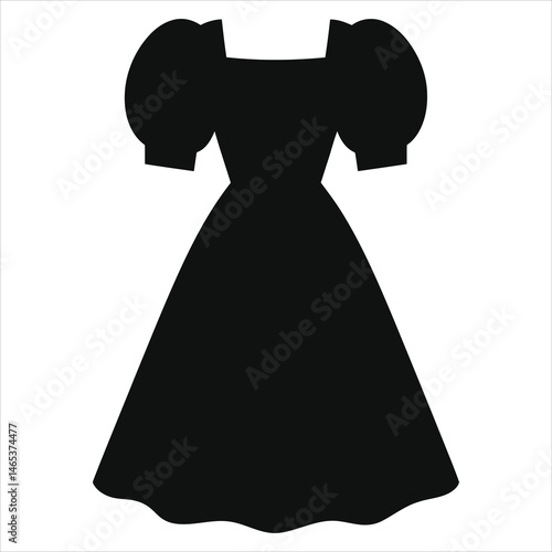 Elegant Black Midi Dress Vector Silhouette with Puff Sleeves/A simple, elegant silhouette of a midi dress with puffy sleeves, perfect for showcasing fashion designs.