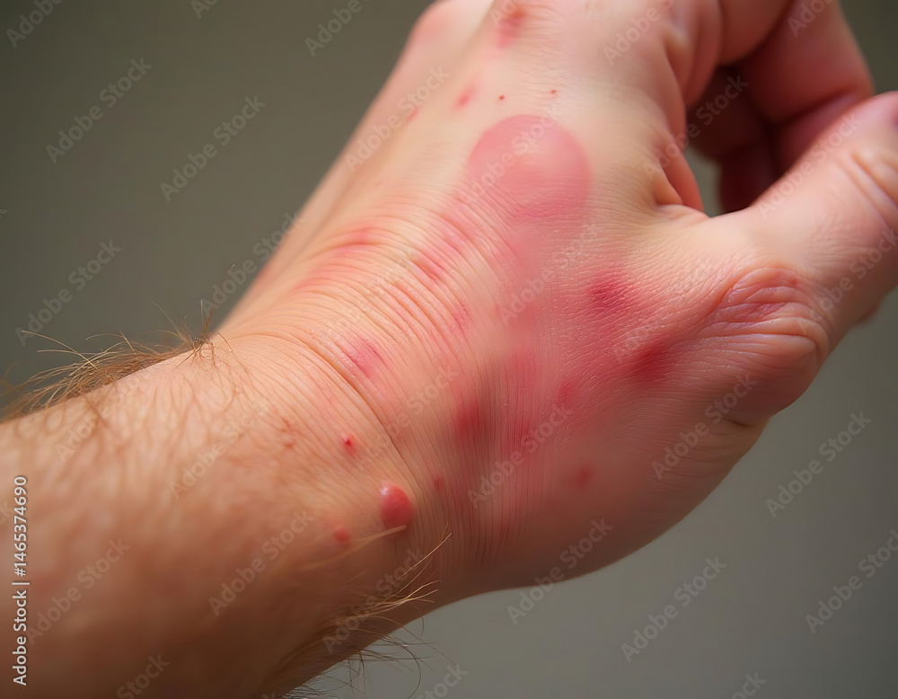 Fototapeta premium Rash on Hand Showing Skin Inflammation and Red Blister Symptoms