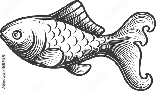Traditional engraved illustration of a koi or trout fish with natural scales, flowing fins, and ripple lines in classic vintage style

