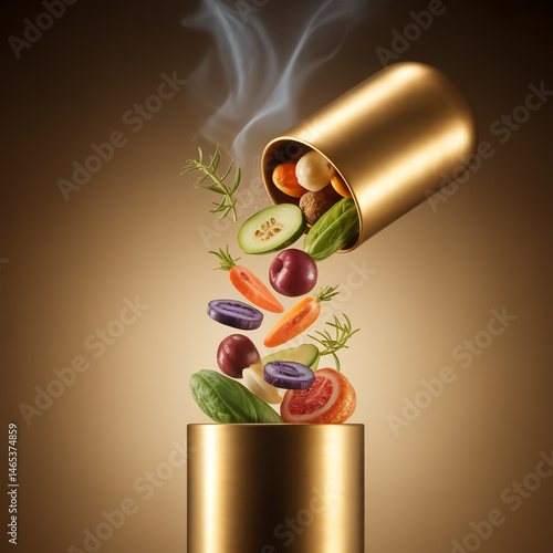 Wallpaper Mural A High-End Culinary Concept Shot Featuring a Golden Capsule Unleashing Fresh Superfoods in an Artistic Upward Flow Torontodigital.ca
