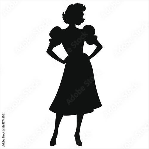 Vintage Vector Silhouette of a Woman in a (1980s puff-sleeve)Retro Dress/A stylish silhouette of a woman, likely from the mid-20th century..