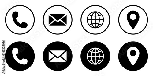 Set of contact and communication icons in silhouette and outline circle style. Contact information icons for business cards. Includes home, map pin, globe, call, inbox symbol. Vector illustration.
