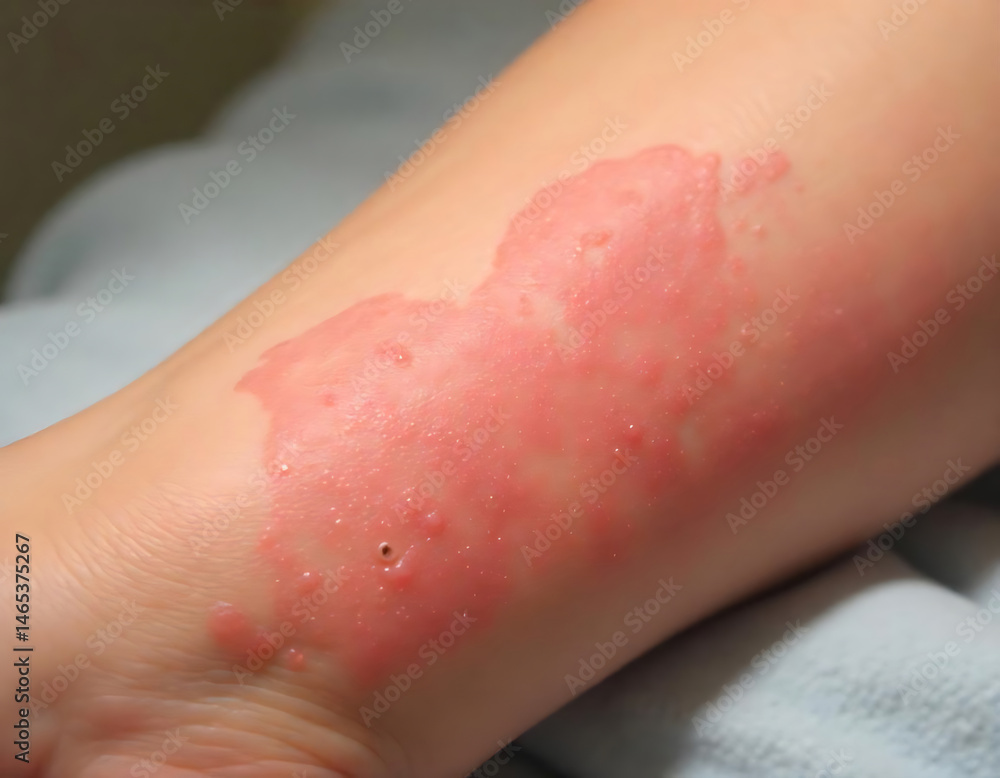 Fototapeta premium Rash showing red skin irritation and allergic reaction on human arm