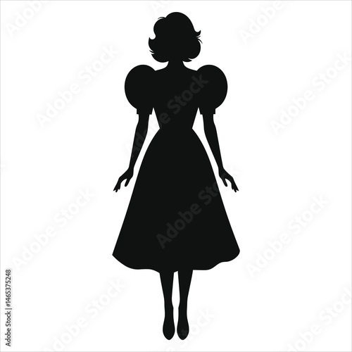 Elegant Vintage Woman Vector Silhouette in a Dress with Puff Sleeves/A sophisticated silhouette of a woman in a vintage-style dress with puffed sleeves.