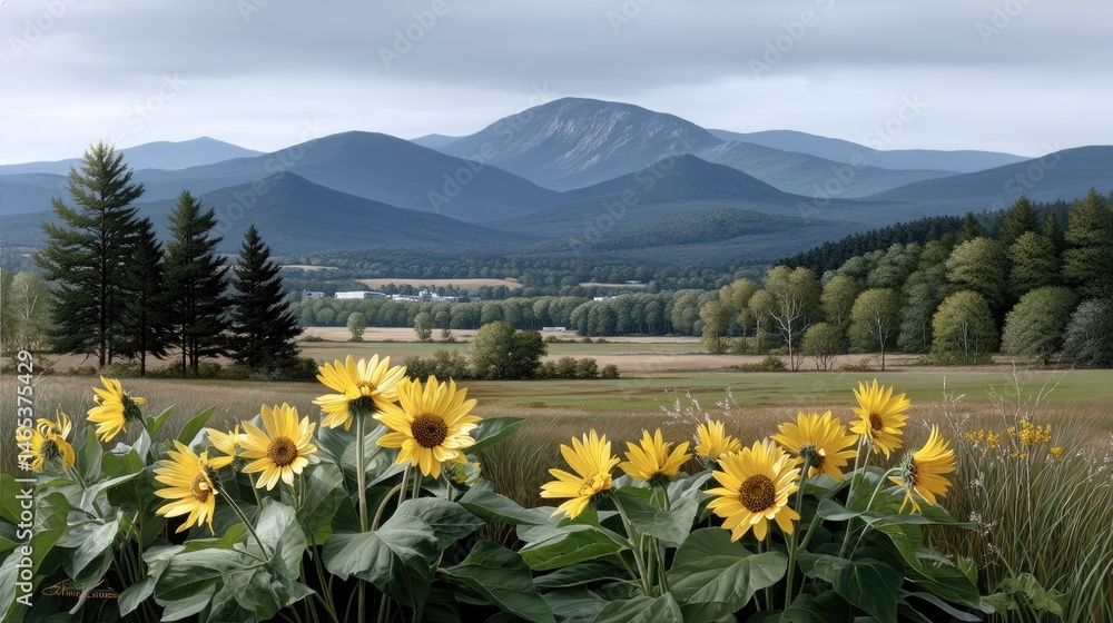 Sunflowers stretch across an expansive field, soaking in golden sunlight beneath a vibrant sky dotted with soft clouds