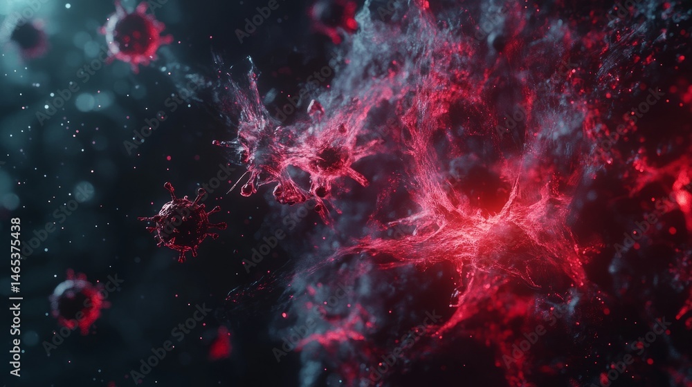 Abstract Human Immune System: Glowing White Blood Cells Attacking Virus Particles Abstract Human Immune System: Glowing White Blood Cells Attacking Virus Particles
