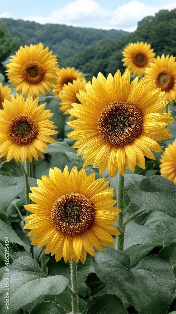 Sunflowers stretch toward the sun in a vibrant field, illuminated by sunlight filtering through soft clouds on a clear day