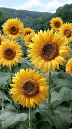 Obraz na płótnie Sunflowers stretch toward the sun in a vibrant field, illuminated by sunlight filtering through soft clouds on a clear day w salonie